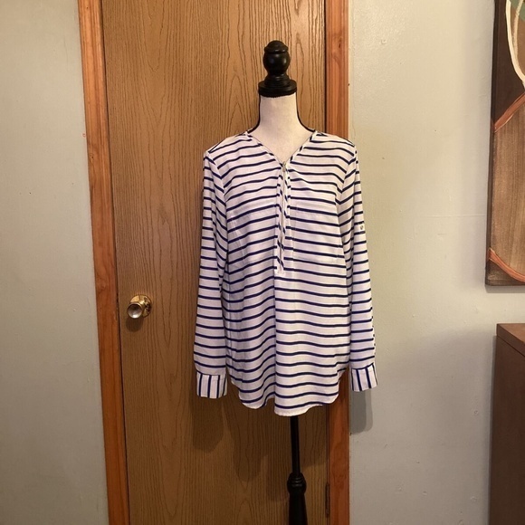 Calvin Klein Large Blue & White w/Stripes & Roll Tab Sleeve Zip-Front Blouse - Picture 1 of 5